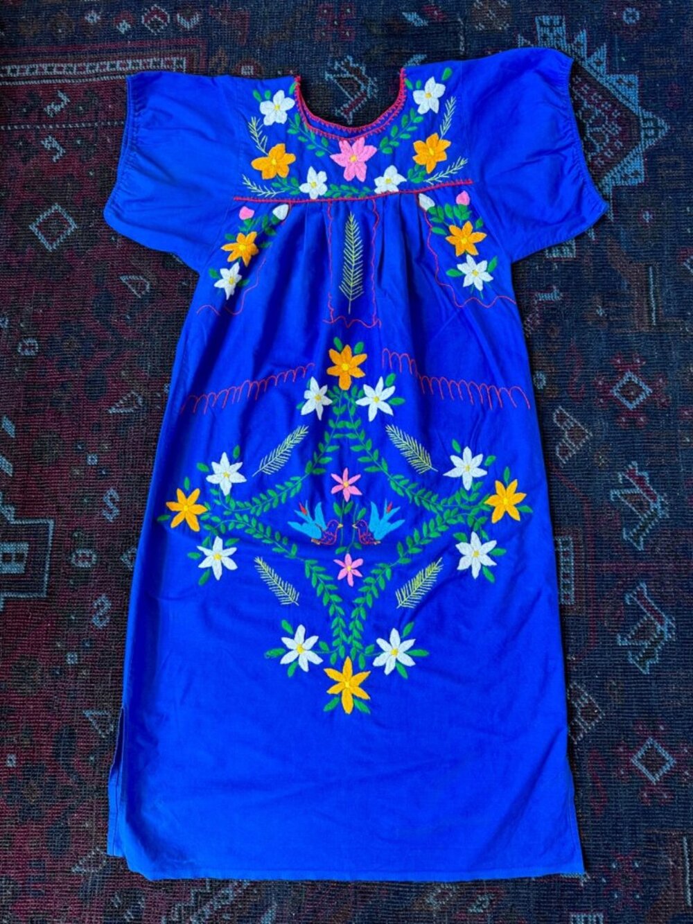 Vintage Embroidered Mexican Midi Dress | Size Small 4 | Royal Blue | Oaxaca